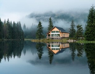 Fototapeta premium house reflecting on the still lake during a foggy day
