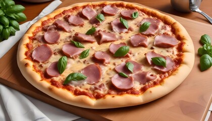 A mouthwatering pizza with ham, cheese, and fresh basil, perfect for a delightful meal.