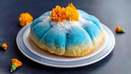 delicious cloud bread with blue and white colors decorated with marigold flowers roti awan trendy viral snack concept of sweet food baking desserts confectionery cake shop