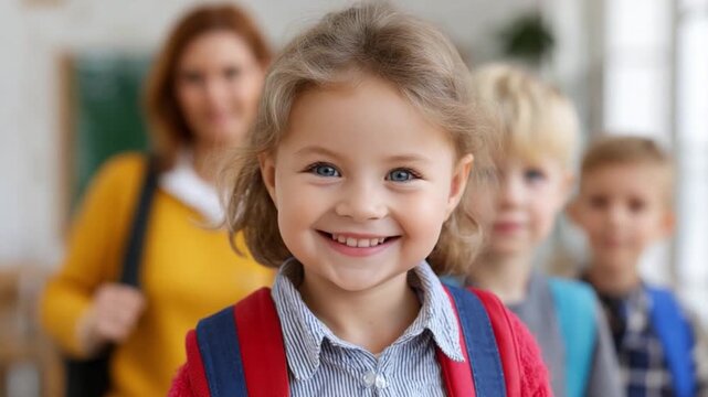 School Smile: A cheerful student radiates happiness, framed by a supportive environment and blurred figures that add depth, signifying camaraderie, and a joyful learning environment.