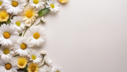a delicate border of pristine daisies arranged on a soft off white backdrop creating a charming and elegant floral frame perfect for various design applications