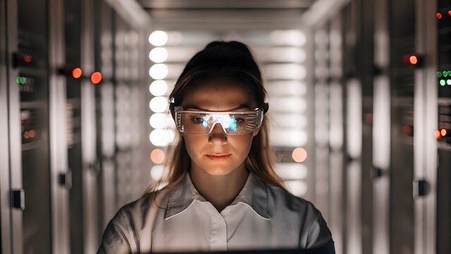 Female technician wearing augmented reality glasses in a server room - Powered by Adobe