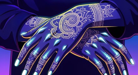 Hands with Intricate Henna Design on Vibrant Background for Cultural Blogs, Artistic Websites, Beauty Content, Fashion Articles, and Social Media Posts