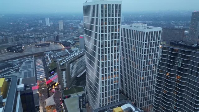 Aerial shot over Stratford, London at evening
