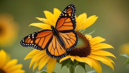Fototapeta premium Monarch butterfly perched on a bright yellow sunflower in a natural garden.