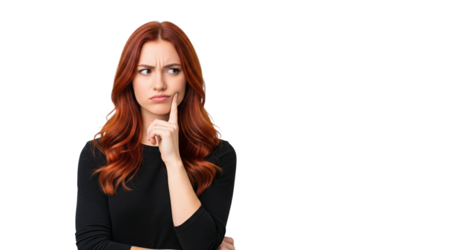 Rothaarige Frau – Hand am Kinn, transparenter Hintergrund, PNG