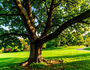 Fototapeta premium Lush green tree in park. Sunlight on expansive lawn