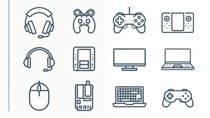 Illustration showing various gaming and computer peripherals in outline style on a white background | editable eps vectors silhouette