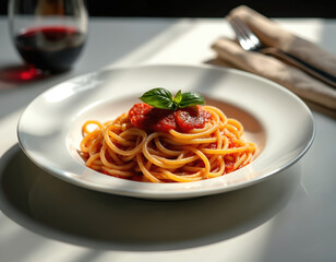 Spaghetti with rich tomato sauce, fresh basil garnish served on white plate. Glass of red wine, cutlery with napkin visible in background. Classic Italian dish perfect for lunch dinner, offering