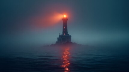 Fototapeta premium Mysterious Steampunk Lighthouse Glows Through Fog in Enigmatic Seascape at Dusk