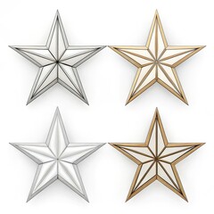 Obraz premium Four stylized star shapes in silver gold and wireframe on a white background in a square format