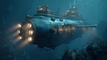 Fototapeta premium Steampunk Submarine Exploring Deep Ocean Caves with Bright Lights and Rich Marine Life Underwater