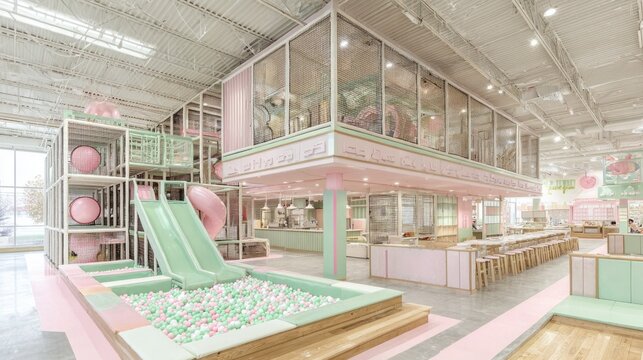 Vibrant indoor play area featuring colorful slides and engaging play structures for children to explore and enjoy