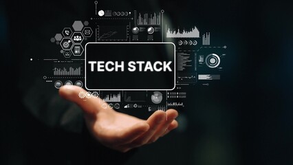 Hand Presenting Digital Visual of Tech Stack with Analytics and Data Graphics on Dark Background. Asymptotic smart data analytic.