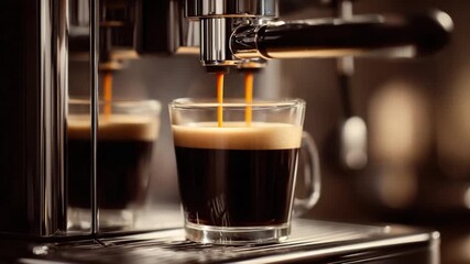 Espresso Perfection: A close-up shot captures the art of brewing, as a stream of rich, dark espresso fills a transparent glass mug, revealing the process from coffee machine.