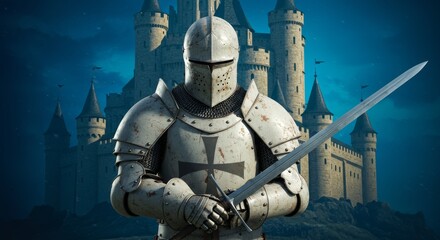 Naklejka premium Medieval Knight with Sword guarding imposing Castle in Moonlit Landscape