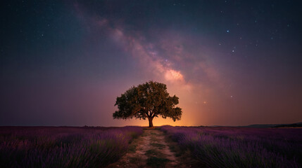 Lone tree in lavender field under Milky Way night sky, panoramic landscape