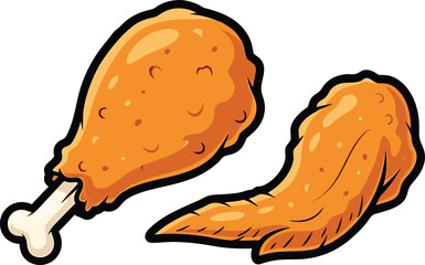 Delicious fried chicken leg and wing cartoon illustration isolated on white background