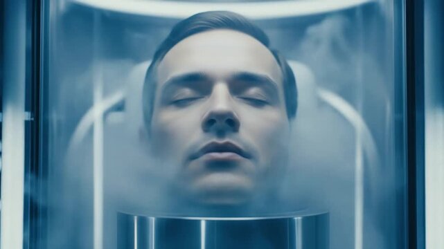 Futuristic Human Preservation: Man's Head Suspended in a Cryogenic Stasis Chamber with Swirling Vapor.