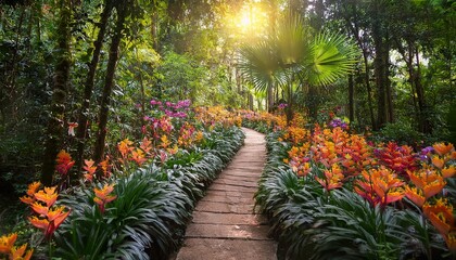 lush jungle path filled with vibrant flowers