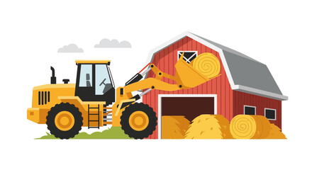 Obraz premium Agricultural illustration showcasing tractor unloading hay bales at a red barn
