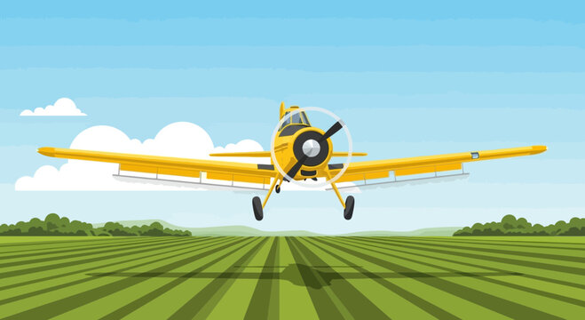 Vibrant yellow crop duster aircraft flying low over a lush cultivated field