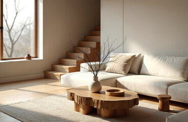 Modern minimalist living room featuring white sectional sofa, natural wood coffee table with delicate branches, warm sunlight streaming through large window. Wooden staircase adds architectural