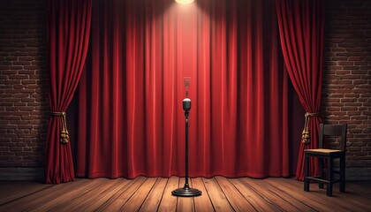 Comedy stage with brick wall backdrop, red curtains, and vintage microphone. Wooden floor, spotlight create intimate atmosphere for stand-up performance or live show.