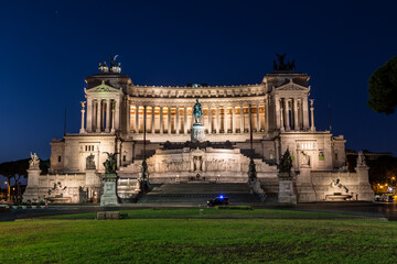Vittoriano is a monument in honor of the first king of united Italy, Victor Emmanuel II in Venice Square at night. Rome, Italy