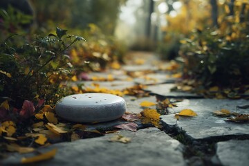Smart speaker rests on a stone path surrounded by autumn leaves, blending technology with nature's beauty.