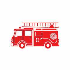 A simple red icon of a fire engine in profile, featuring a ladder on top and a coiled water hose.