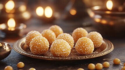 A golden plate filled with sweet laddu balls sprinkled with white sugar crystals on a dark surface
