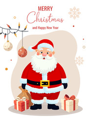 Flat vector Santa Claus, Christmas and New Year gifts, baubles, hanging string lights and festive bows — holiday present boxes with ribbons and snowflakes, seasonal design for greeting cards and web, 