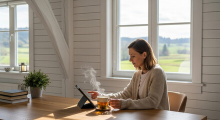 Woman using a tablet at a wooden table next to a steaming cup of tea, with a bright window and rural landscape in the background.