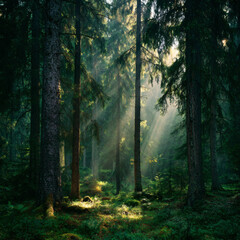 Fototapeta premium A forest with trees and sunlight shining through the leaves
