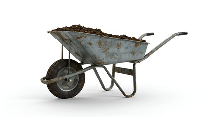 Old Metal Wheelbarrow Full of Dark Soil in Bright Studio