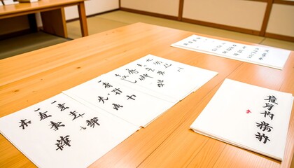 Fototapeta premium Japanese calligraphy scrolls on a table