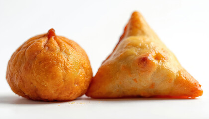 Crispy golden samosa and round pakora, Indian street food delights. Savory pastry and fritter with potato, pea filling. Vegetarian snack, appealing texture, vibrant colors.