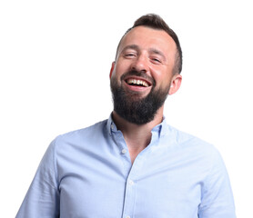 Obraz premium Handsome man laughing on white background. Positive emotion
