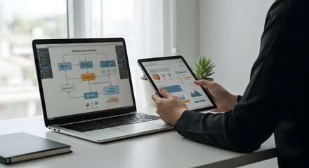 Visualizing project workflow through laptop and tablet interaction, a modern strategy for business analysis and presentation of key performance indicators with efficient data management solutions