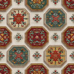 Seamless repeating pattern featuring hexagonal medallions