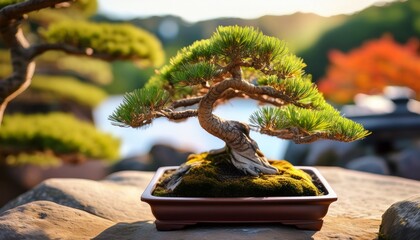 Fototapeta premium bonsai tree on rock meticulously cultivated miniature tree symbolizing peace and harmony