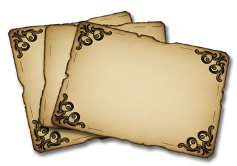 Vintage Aged Paper Cards with Ornate Filigree Corners on a White Background