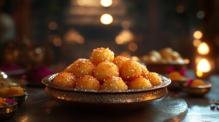 A golden plate filled with sweet laddu balls sprinkled with white sugar crystals on a dark surface