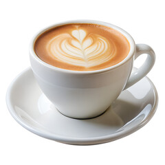 Latte art in a white cup isolated on transparent background, a creamy and delicious coffee beverage for a relaxing morning or afternoon break