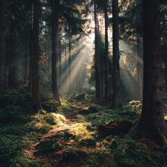 Obraz premium A forest with sunlight shining through the trees