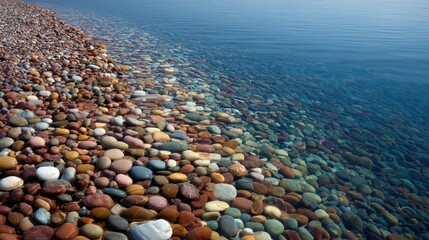 Pebbles merging into crystal clear water on a lake shore, backdrop/wallpaper