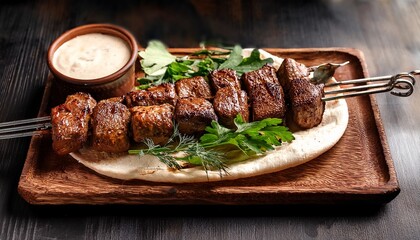 traditional cuisine grilled meat served with local sauce on wooden plate garnished with herbs food meat grill bar b q skewer