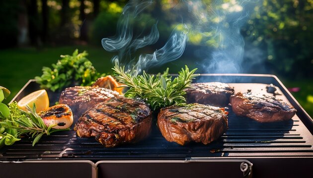 traditional cuisine meat grill outdoors with fresh herb and smoke rising in air bar b q meat grill food smoke grilling