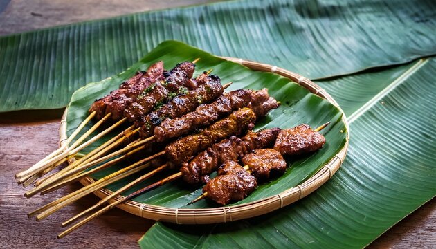traditional cuisine with grilled meat on skewers served on local banana leaf outdoors food meat grill bar b q skewer